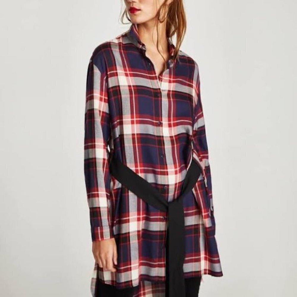 ZARA Trafaluc Red Navy Tartan Plaid Belted Tunic/ShirtDress Women's Size XS